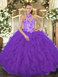 Exquisite Purple Halter Top Neckline Beading and Embroidery and Ruffles Vestidos de Quinceanera Sleeveless Lace Up