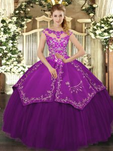 Eggplant Purple Satin and Tulle Lace Up Vestidos de Quinceanera Cap Sleeves Floor Length Embroidery