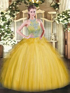 Affordable Gold Sleeveless Floor Length Beading and Ruffles Lace Up 15 Quinceanera Dress