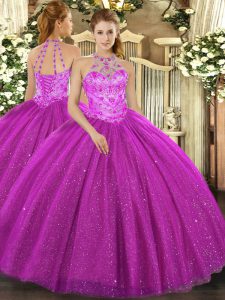 Floor Length Lace Up Quinceanera Gown Fuchsia for Military Ball and Sweet 16 and Quinceanera with Beading and Embroidery and Sequins