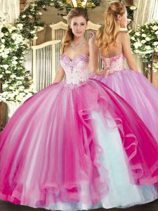 Hot Selling Fuchsia Sweetheart Neckline Beading and Ruffles Sweet 16 Dress Sleeveless Lace Up