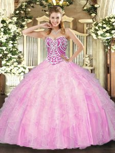Rose Pink Sweetheart Lace Up Beading and Ruffles Sweet 16 Dress Sleeveless