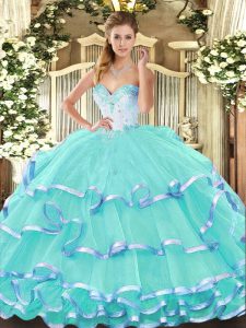 Glittering Turquoise Ball Gowns Organza Sweetheart Sleeveless Beading and Ruffled Layers Floor Length Lace Up Quinceanera Dress