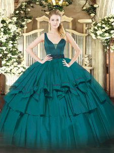 Luxury Beading and Ruffled Layers Ball Gown Prom Dress Teal Zipper Sleeveless Floor Length