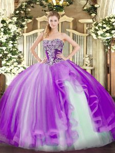 Floor Length Lavender Sweet 16 Dresses Tulle Sleeveless Beading and Ruffles