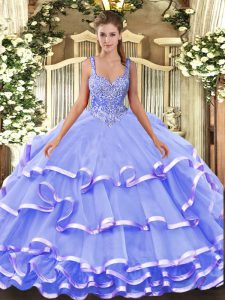 Enchanting Ball Gowns 15th Birthday Dress Lavender Straps Organza Sleeveless Floor Length Lace Up