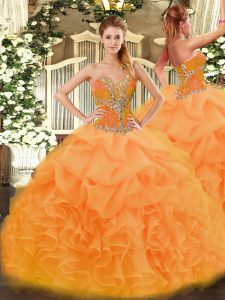 Designer Orange Lace Up Quince Ball Gowns Beading and Ruffles Sleeveless Floor Length