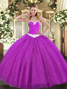 Sumptuous Fuchsia Lace Up Sweet 16 Dresses Appliques Sleeveless Floor Length