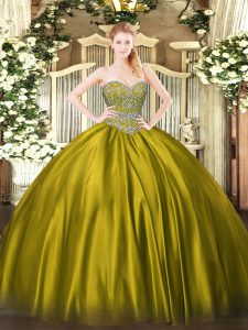 Sweet Olive Green Ball Gowns Satin Sweetheart Sleeveless Beading Floor Length Lace Up Quinceanera Gowns