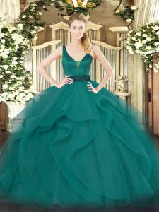 New Style Teal Tulle Zipper Vestidos de Quinceanera Sleeveless Floor Length Beading and Ruffles