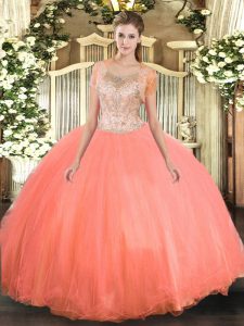 Beauteous Floor Length Clasp Handle 15th Birthday Dress Watermelon Red for Military Ball and Sweet 16 and Quinceanera with Beading