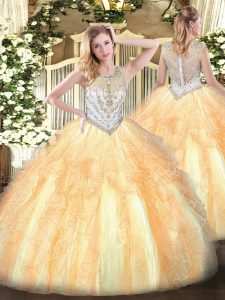 Elegant Gold Sleeveless Tulle Zipper Vestidos de Quinceanera for Military Ball and Sweet 16 and Quinceanera