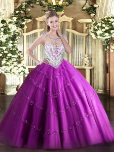 Cheap Fuchsia Zipper Scoop Beading and Appliques Quinceanera Dresses Tulle Sleeveless