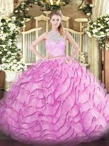 Custom Design Two Pieces Sleeveless Rose Pink Sweet 16 Quinceanera Dress Brush Train Zipper