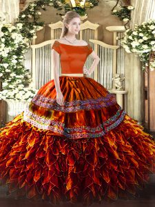 Perfect Rust Red Organza Zipper Ball Gown Prom Dress Short Sleeves Floor Length Ruffles