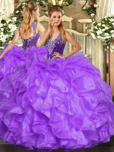 Customized Floor Length Lace Up Vestidos de Quinceanera Lavender for Military Ball and Sweet 16 and Quinceanera with Beading and Ruffles