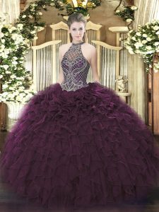 Organza Halter Top Sleeveless Lace Up Beading and Ruffles Quinceanera Dresses in Dark Purple
