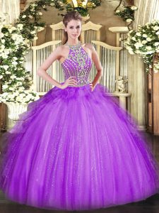 Attractive Lavender Halter Top Lace Up Beading and Ruffles Sweet 16 Quinceanera Dress Sleeveless