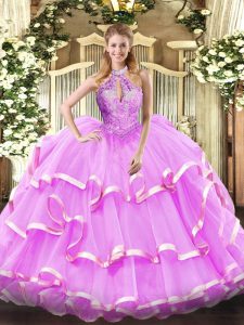 Dazzling Ball Gowns Quince Ball Gowns Lilac Halter Top Organza Sleeveless Floor Length Lace Up