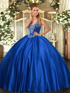 Royal Blue Ball Gowns Satin Straps Sleeveless Beading Floor Length Lace Up Vestidos de Quinceanera