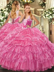Sumptuous Rose Pink Straps Lace Up Beading and Ruffled Layers and Pick Ups Sweet 16 Dresses Sleeveless
