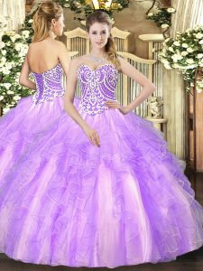 Beautiful Lavender Lace Up Vestidos de Quinceanera Beading and Ruffles Sleeveless Floor Length