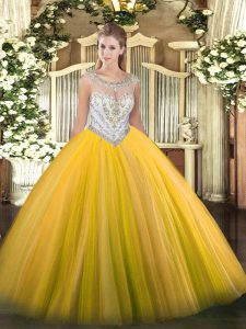 Fashionable Gold Tulle Zipper Quinceanera Dress Sleeveless Floor Length Beading