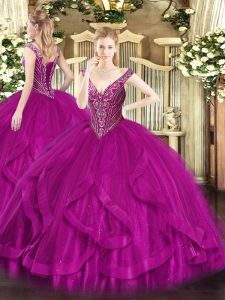 Floor Length Lace Up Vestidos de Quinceanera Fuchsia for Military Ball and Sweet 16 and Quinceanera with Beading and Ruffles