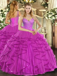 Elegant Fuchsia Lace Up Sweet 16 Dresses Beading and Ruffles Sleeveless Floor Length