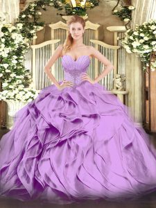 Glamorous Sweetheart Sleeveless 15th Birthday Dress Floor Length Beading and Ruffles Lavender Organza