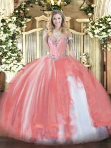 Coral Red Ball Gowns Tulle Sweetheart Sleeveless Beading and Ruffles Floor Length Lace Up Ball Gown Prom Dress