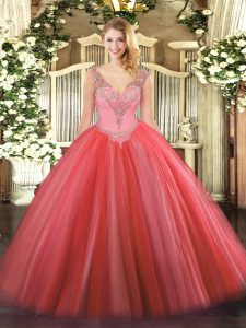 Unique Beading Vestidos de Quinceanera Coral Red Lace Up Sleeveless Floor Length