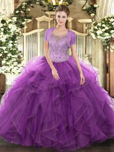 Dazzling Eggplant Purple Sleeveless Tulle Clasp Handle 15th Birthday Dress for Military Ball and Sweet 16