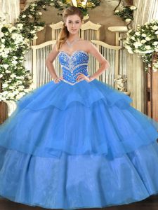 Classical Tulle Sweetheart Sleeveless Lace Up Beading and Ruffled Layers Sweet 16 Dresses in Blue