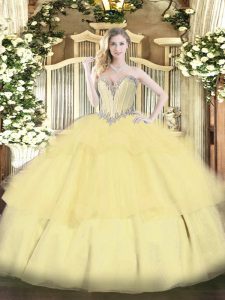 Gold 15 Quinceanera Dress Military Ball and Sweet 16 and Quinceanera with Beading and Ruffled Layers Sweetheart Sleeveless Lace Up