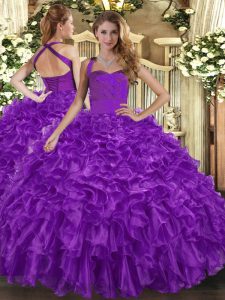 Fabulous Purple Ball Gowns Halter Top Sleeveless Organza Floor Length Lace Up Ruffles Quinceanera Gown