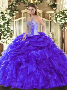 Fancy Beading and Ruffles Sweet 16 Dress Blue Lace Up Sleeveless Floor Length