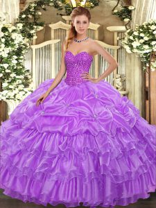 Lavender Organza Lace Up Sweetheart Sleeveless Floor Length Sweet 16 Dress Beading and Ruffled Layers and Pick Ups
