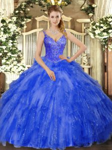 Vintage Sleeveless Floor Length Beading and Ruffles Lace Up Quinceanera Dresses with Royal Blue