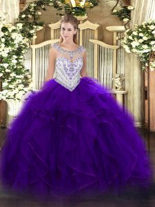 Dazzling Scoop Sleeveless Zipper Ball Gown Prom Dress Purple Tulle