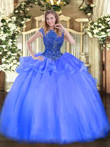 On Sale Blue Cap Sleeves Beading Floor Length Quinceanera Dress
