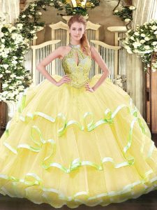 Luxurious Yellow Ball Gowns Beading and Ruffled Layers Sweet 16 Dress Lace Up Organza Sleeveless Floor Length