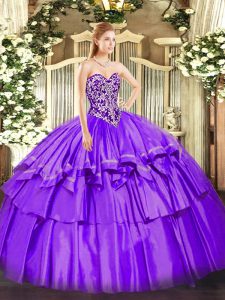 Purple Lace Up Sweet 16 Dress Beading and Ruffled Layers Sleeveless Floor Length