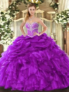 Dazzling Purple Sleeveless Organza Lace Up Quince Ball Gowns for Military Ball and Sweet 16 and Quinceanera
