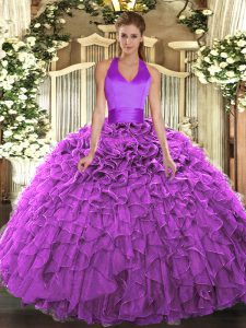 Sleeveless Organza Floor Length Lace Up Quinceanera Dresses in Fuchsia with Ruffles