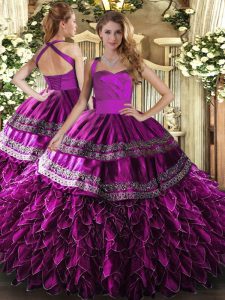 Halter Top Sleeveless Satin and Organza 15 Quinceanera Dress Embroidery and Ruffles Lace Up