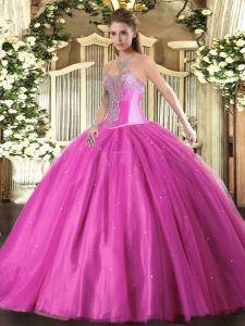 Latest Sleeveless Tulle Floor Length Lace Up Quinceanera Gowns in Fuchsia with Beading