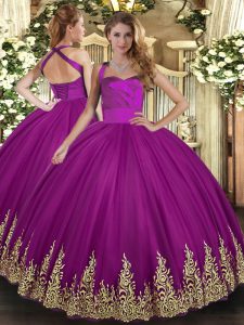 Great Ball Gowns Sweet 16 Dress Fuchsia Halter Top Tulle Sleeveless Floor Length Lace Up