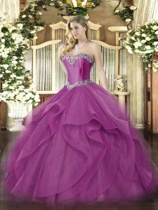 Fuchsia Tulle Lace Up Quince Ball Gowns Sleeveless Floor Length Beading and Ruffles