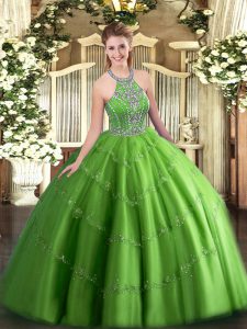 Ball Gowns Tulle Halter Top Sleeveless Beading and Appliques Floor Length Lace Up Vestidos de Quinceanera